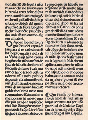 Página final del impreso del Itinerario de larmata del Re catholico in India uerso la Isola de Iuchathan… en la edición de Zorzi di Rusconi, impresa en Venecia el año de 1520.