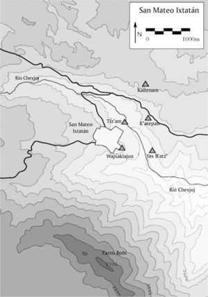 Map of San Mateo Ixtatán with archaeological sites (Drawing by Ulrich Wölfel)