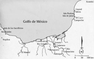 La Isla de Jaina y otros asentamientos costeros prehispánicos. Dibujo de Moisés Aguirre.