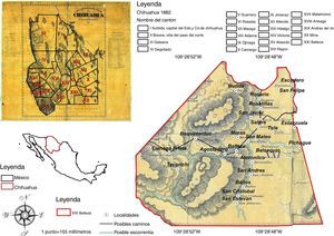 Distribución de los cantones del estado de Chihuahua en 1882, y territorio del cantón Balleza, con algunas de las localidades que lo componían4141Carta Geográfica del Estado de Chihuahua, formada por el ingeniero Enrique Barchesqui, 1881, Mapoteca Orozco y Berra, Clasificación: 1687-OYB 7214-A JPG, consultado el 10/11/2016 en web: w2.siap.sagarpa.gob.mx/mapoteca/mapas/1687-OYB-7214-A.jpg.