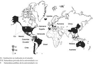Ubicación geográfica de los países a los que pertenecen las universidades o ies referenciadas en el estudio