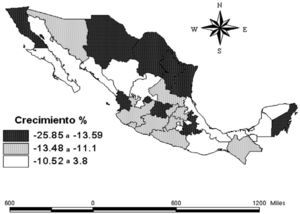 Caída de la producción de los estados de México 2008-2009. Fuente: Elaboración propia con información de INEGI (2012).