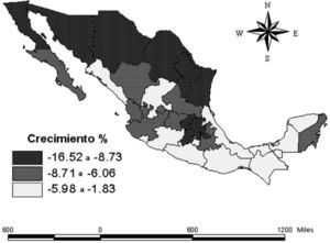 Caída de la producción en los estados de México a partir del ITAEE 2008-2009. Fuente: Elaboración propia con datos de INEGI (2012) y software ArcView 3.3.