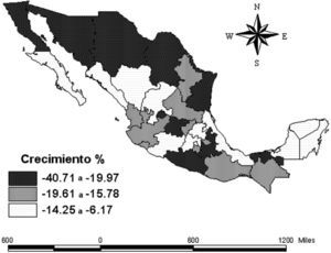 Caída de la producción en los estados de México a partir del ICE 2008-2009. Fuente: Elaboración propia con datos de INEGI (2012) y software ArcView 3.3.