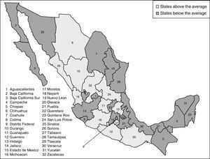Geographical location of international migration net flows across Mexican states.