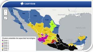 Clusters estatales de capacidad tecnológica en México 2012. Fuente: elaboración propia con CARTO DB; véase también en: http://cdb.io/1tJkRKm.