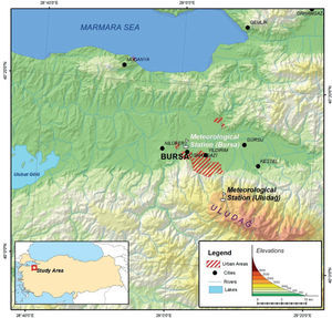 Location map of Bursa and Uludağ meteorological stations.