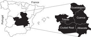 Castilla-La Mancha in the Central Spanish Plateau and its provinces.