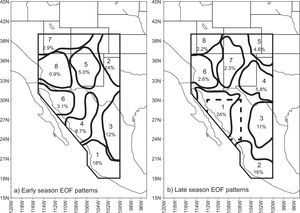 Spatial patterns of interannual precipitation anomalies yielded by varimax-rotated principal component analysis of (a) early- (15 May-3 Jul) and (b) late- (5 Jul-15 Sep) season averages. The patterns are numbered 1-8, ordered by the percentage of domain-wide interannual variance accounted for by each pattern. The core monsoon index region is delineated by a heavy dashed line. Early season mode 1 and late season mode 2 are the most correlated with near-coastal TC counts (from Gutzler, 2004).