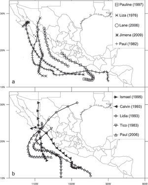 Tracks of 10 tropical cyclones that made landfall in Mexico during the period 1970-2010 and caused large damage to the population. Data are taken from the National Hurricane Center database and positions are updated every six hours.