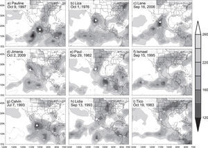 Daily average of outgoing long-wave radiation (OLR) associated with nine of the 10 most damaging tropical cyclones making landfall along the Pacific coast of Mexico. Data source is the NCEP/NCAR reanalysis and the contour interval is 10 W/m2. The vertical, right-side bar displays the corresponding scale in the range from 120 through 260 W/m2. White dots represent landfall positions estimated by the National Hurricane Center.