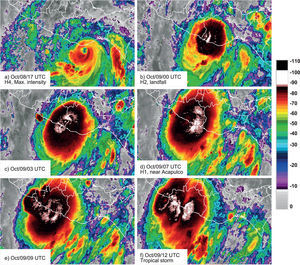 GOES-8 infrared imagery for selected times prior to and after the landfall of tropical cyclone Pauline at 0000 UTC, October 9, 1997. The vertical bar indicates a calibrated scale of cloud-top temperatures (°C).