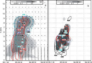 Vertical cross section for the control case (lin83) along the maximum rain water value at 30 min of simulation showing (a) the cloud water (shaded), rain water (solid red line), ice (dashed black line), snow (blue dashed line) and hail (cyan dashed line) mixing ratios, and (b) the autoconversion rate (shaded), accretion of qc by qs (red dashed line), accretion of qc by qh (red solid line), accretion of qc by qr (black dotted line), melting of snow (blue dashed line) and melting of hail (cyan dashed line). All processes and mixing ratio values are expressed in g/kg.