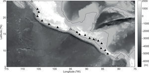 Topographic map of Central America, southern Mexico, and surrounding region (ETOP05) indicating the locations of the 20 GHCN Daily v. 1 stations used in the present study. The four stations marked by white triangles are highlighted in Figure 6. See Table 1 for additional details on each station. Topographic map of Central America, southern Mexico, and surrounding region (ETOP05) indicating the locations of the 20 GHCN Daily v. 1 stations used in the present study. The four stations marked by white triangles are highlighted in Figure 6. See Table 1 for additional details on each station.