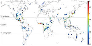 Global distribution of locations objectively determined to exhibit a mean biannual cycle of precipitation based on the NOAA PREC/L data set (gridded station and satellite blend, land only, 0.5° resolution, 1948-2007). Plotted is the difference between the mean of the two relative maxima and the relative minimum (mm/day), calculated according to the MESA algorithm illustrated in Figure 1. Global distribution of locations objectively determined to exhibit a mean biannual cycle of precipitation based on the NOAA PREC/L data set (gridded station and satellite blend, land only, 0.5° resolution, 1948-2007). Plotted is the difference between the mean of the two relative maxima and the relative minimum (mm/day), calculated according to the MESA algorithm illustrated in Figure 1.