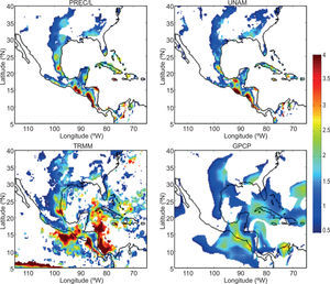 As in Figure 3, but focused on the GCR in four gridded precipitation data sets. including PREC/L (land only, gauge-satellite blend), UNAM (land only, gauge only), TRMM (land and ocean, satellite only), and GPCP (land and ocean, gauge-satellite blend). As in Figure 3, but focused on the GCR in four gridded precipitation data sets. including PREC/L (land only, gauge-satellite blend), UNAM (land only, gauge only), TRMM (land and ocean, satellite only), and GPCP (land and ocean, gauge-satellite blend).