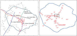 (a) Principal roads in Guadalajara City, and positions of major industries that burn fossil fuels and emit sulfur dioxide. (b) Discretization of vehicular sources of CO.