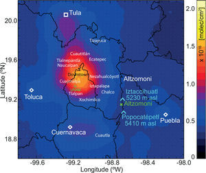 Averaged NO2 total columns distribution derived from OMI measurements conducted between June 2006 and December 2011 over the Mexico basin. Scale from (0 to 2.2)×1016 molecules/cm2.