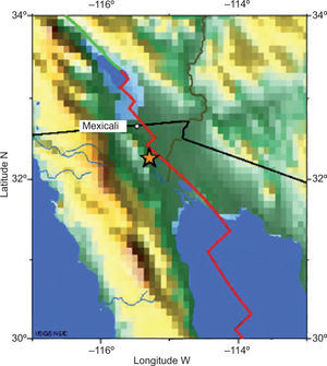 M7.2 Baja California earthquake epicenter (star) together with the fault line (in red) and national boundaries (in black).