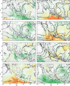 Composite anomalies of precipitation (mm day-1), surface pressure (mb) and 10m wind by MJO phase (1-8), for June-September 1979-2011. Gridded data from NARR.
