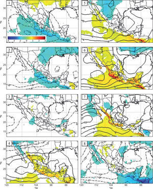 Same as Fig. 8, but composite anomalies for two-meter temperature (°C) and 700 mbar geopotential height (in meters) by MJO phase (1-8).