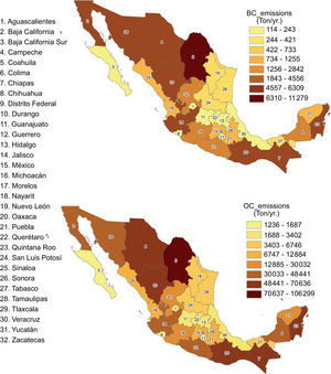 Black carbon and organic carbon emissions from wildfires in Mexico, average per state from 2000 to 2012.