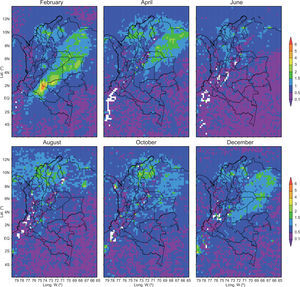 Monthly average densities of tropospheric NO2 columns (in molecules/cm2 [× 1015]) from the OMI for 2007. Grid resolution is 0.25 × 0.25º. Blank (white) grid boxes represent missing data. Only the maps for even months are shown.