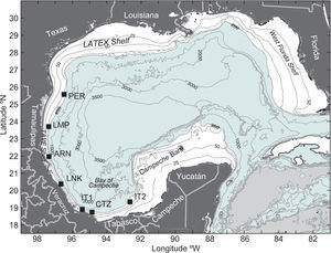 The Gulf of Mexico. States and names of shelves are indicated. Position of the Canek Project moorings along the 130m isobath are also indicated (Drubranna et al., 2011).