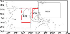 A map with different geographic location for several key specific regions used in this study: the tropical Indian Ocean (TIO: 22.5° S to 22.5° N, 40 to 100° E), the eastern Indian Ocean (EIO: 10° S to 22.5° N, 75 to 100° E), the South China Sea (SCS: equator to 22° N, 105 to 120°E), and the western North Pacific basin (equator to 35° N, 120 to 180° E).