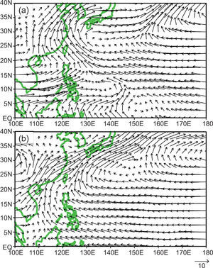 Observed wind fields (unit: ms-1) at 850hPa during the pre-TC season (25 Jun-11 Jul), during which no TCs formed for (a) 1994 and (b) 2010, respectively.