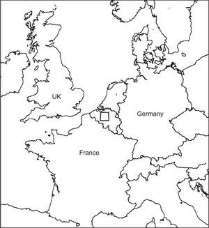 Map showing a large portion of Europe, centered over Belgium, in which the quadrangle denotes the domain used in the AURORA simulations.