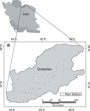 Location of the Golestan province and rainfall stations used in the regional frequency analysis.