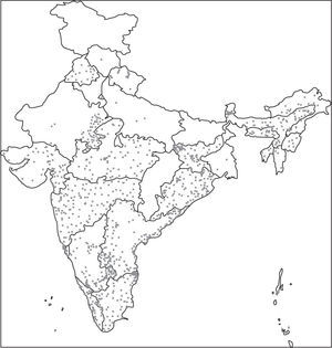 Location map of ISRO AWS rain gauges over India in 2010.