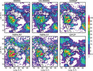 Spatial distributions of daily-accumulated rainfall (mm) over the Indian monsoon region derived from IMSRA, OA-IMSRA, GSMaP, TMPA-RT, TMPA-V7 and GPCP for August 6, 2010.