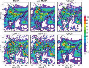 Spatial distributions of daily-accumulated rainfall (mm) over the Indian monsoon region derived from IMSRA, OA-IMSRA, GSMaP, TMPA-RT, TMPA-V7 and GPCP for August 18, 2010.