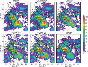 Spatial distributions of daily-accumulated rainfall (mm) over the Indian monsoon region derived from IMSRA, OA-IMSRA, GSMaP, TMPA-RT, TMPA-V7 and GPCP for September 7, 2010.