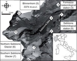 Digital orthoimage of the study area: 1 and 2, rock glaciers; 3, Formazza meteorological station; 4, Sabbione meteorological station, 5, Blinnenhorn peak; 6, Northern Sabbione Glacier; 7, Southern Sabbione Glacier (details in the text). Source: Ministero dell’Ambiente e della Tutela del Territorio e del Mare - Geoportale nazionale, 2006 (wms service available at: http://wms.pcn.minambiente.it/ogc?map=/ms_ogc/WMS_v1.3/raster/ortofoto_colore_06.map).