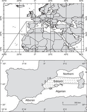 Map of the study area. The land stations and the grid points used to compute average values in the Balearic Sea are shown.