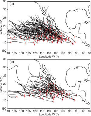 Trajectories of the tropical cyclones observed during the peak season of (a) active, and (b) inactive years in the period 1965-2013.