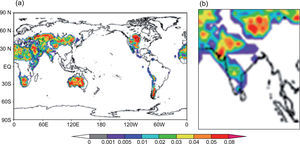 (a) Global surface roughness. (b) Surface roughness over India. The threshold friction velocity at which dust particles are emitted from the surface in Jaisalmer, Bikaner and Jaipur is 0.27, 0.24 and 0.23 m/s, respectively.