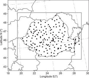 WRF integration domain (outlined in a black rectangle) and location of meteorological stations used for verification (black dots).