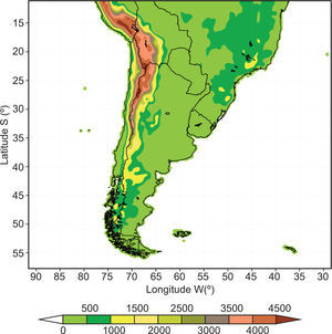 Model domain and topography of the MM5 regional climate model. Contours are drawn every 500 m.