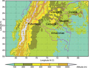 Political map and topography of the Colombian Amazon catchment basin. The departments that constitute the basin are named. The circle on the map shows the geographical location of the EEC aerodrome.