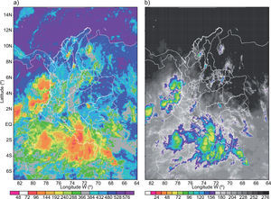 Images of (a) infrared channel 4 and (b) water vapor channel taken on board the GOES-13 satellite on January 24, 2009 at 11:15 UTC (06:15 LT). The values in the images are raw counts. The images were obtained through the Comprehensive Long Array-Data Stewardship System (CLASS). Available at: http://www.nsof.class.noaa.gov/saa/products/welcome.