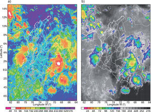 Images of (a) infrared channel 4 and (b) water vapor channel taken on board the GOES-13 satellite on July 10, 2010 at 12:15 UTC (07:15 LT). Values in the images are raw counts. The images were obtained through the Comprehensive Large Array-Data Stewardship System (CLASS). Available at: http://www.nsof.class.noaa.gov/saa/products/welcome.