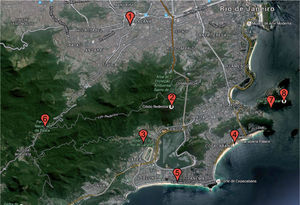 Map of Rio de Janeiro showing the sampling locations: (1) Maracanã stadium; (2) Corcovado; (3) Botanical Garden; (4) Copacabana; (5) Ipanema; (6) Tijuca forest; (7) Claudio Coutinho trail; (8) Sugarloaf mountain (top). Source: Google Maps.
