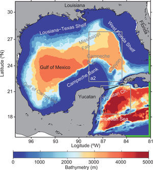 Model grid and bathymetry (colors in meters). Boxes al and a2 are defined to investigate mean and eddy variability upstream of in the CS and LC area, respectively. Green lines indicate the location of the eastern and southern open boundaries.