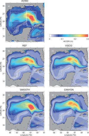 SSH standard deviation (m) for the period 1996-2009 from (a) AVISO and experiments (b) REF, (c) VISCO, (d) SMOOTH, and (e) CANYON. All runs reproduce realistic SSH variability.