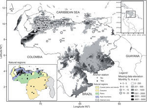 Terrain elevation in Venezuela. Top-right panel shows the location of Venezuela in South America. Bottom-left panel shows selected rain gauges location classified by station type (anchor or non-anchor) and by Venezuela's natural regions. Circles denote the location of selected rain gauges with sizes indicating the monthly percentage of missing data per station for the period 1981-2007. Numbers indicate the station ID.