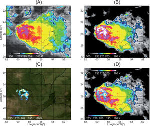 Comparison between satellite images of storms occurring on December 17, 2014 at 06:30 UTC. (a) IR 10.8μm; (b) image resulting from the application of the intensity function without delimitation; (b) image showing only temperatures that represent deep convection; (d) fusion between images b and c.